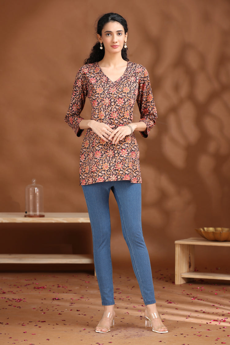 Black Floral Printed Cotton Tunic