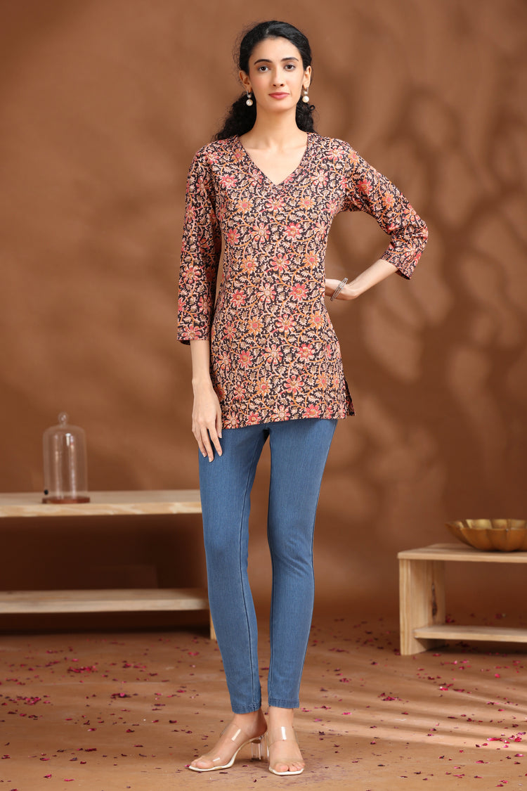 Black Floral Printed Cotton Tunic