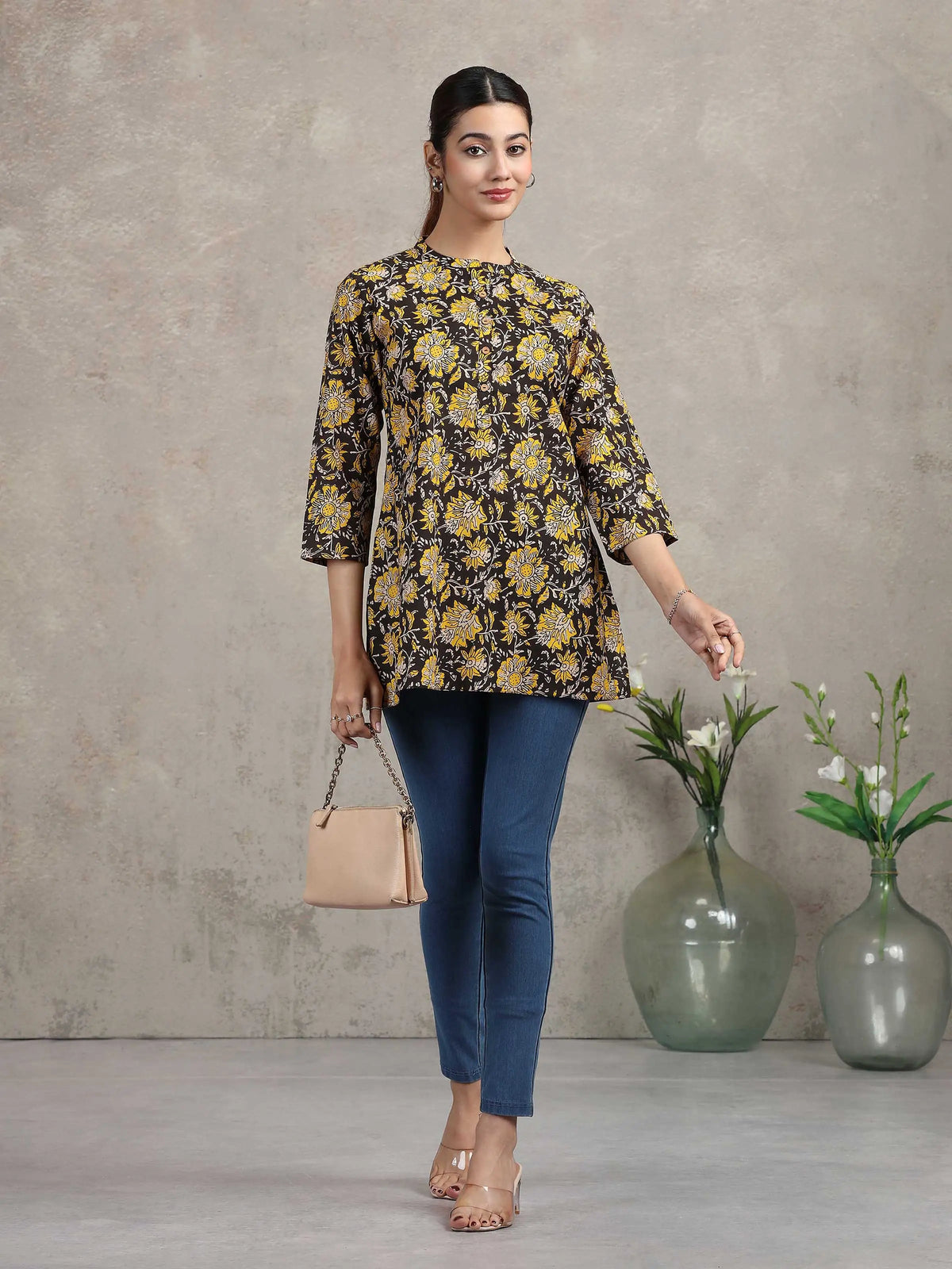 Black Floral Printed Straight Tunic