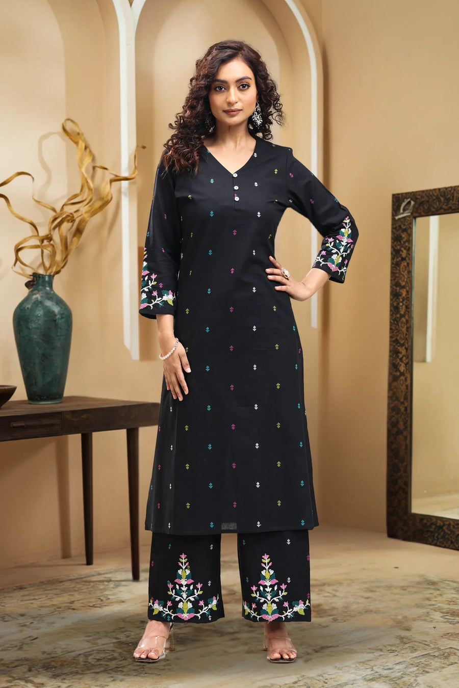 Black Embroidered Handloom Cotton A Line Kurta Pant Co Ord Set