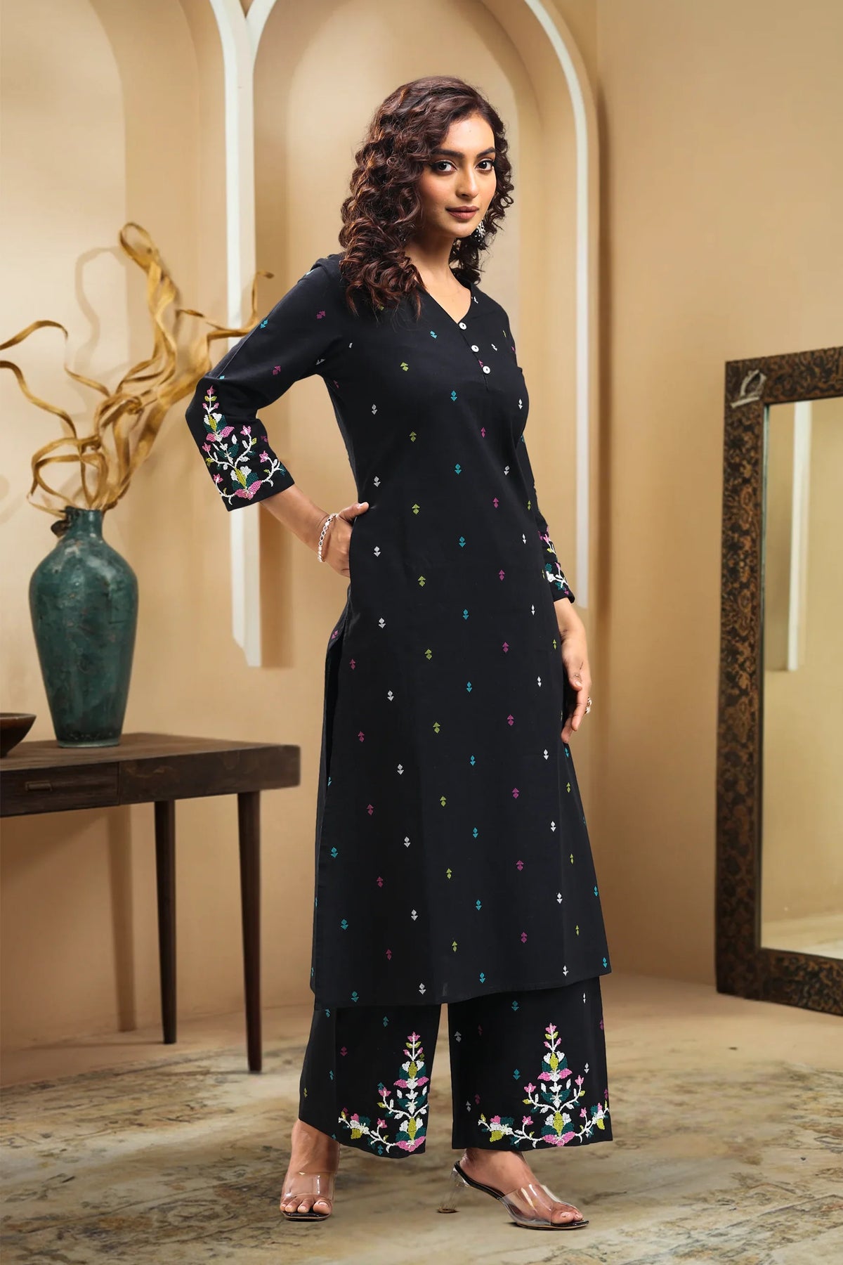 Black Embroidered Handloom Cotton A Line Kurta Pant Co Ord Set for women