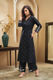 Black Embroidered Handloom Cotton A Line Kurta Pant Co Ord Set for women