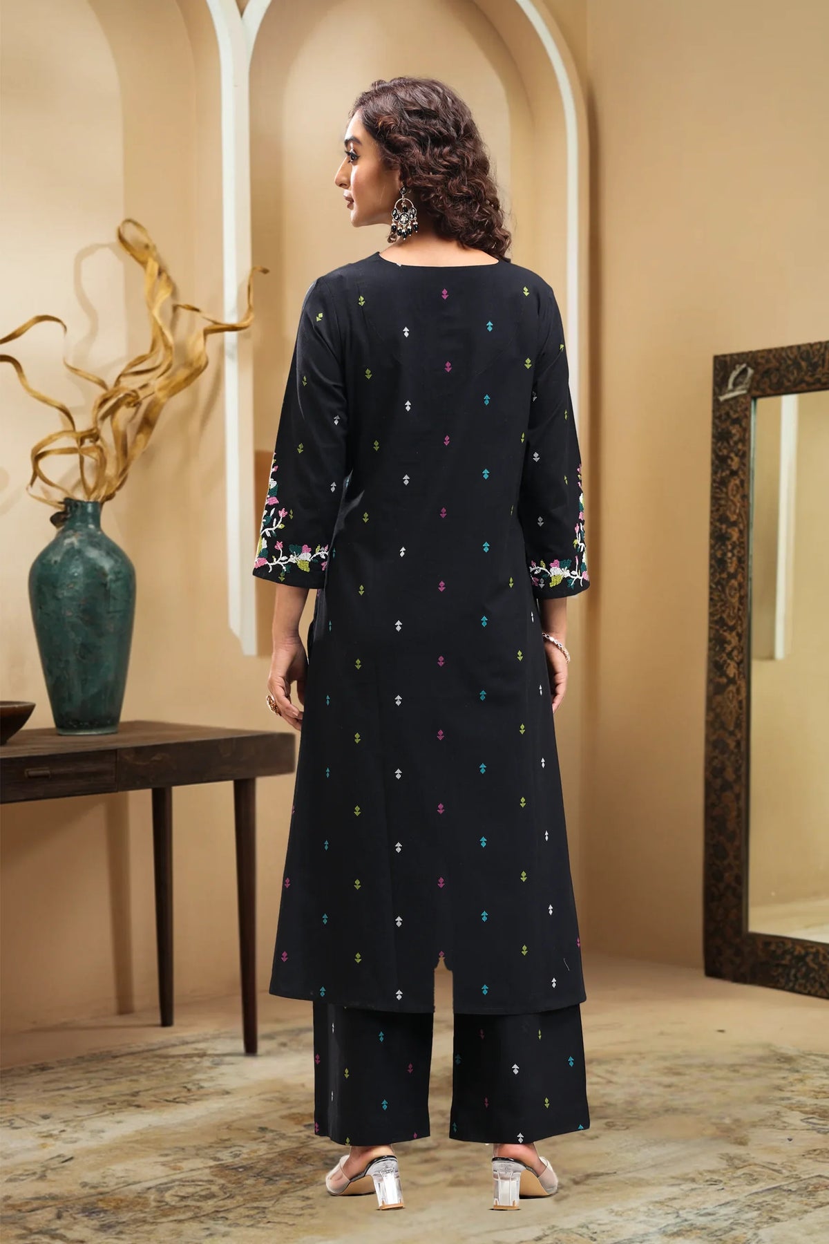 Black Embroidered Handloom Cotton A Line Kurta Pant Co Ord Set for women