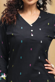Black Embroidered Handloom Cotton A Line Kurta Pant Co Ord Set for women