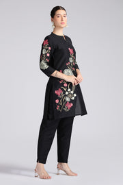 Black PolySilk Embroidered Straight Kurta Pant Co ord Set