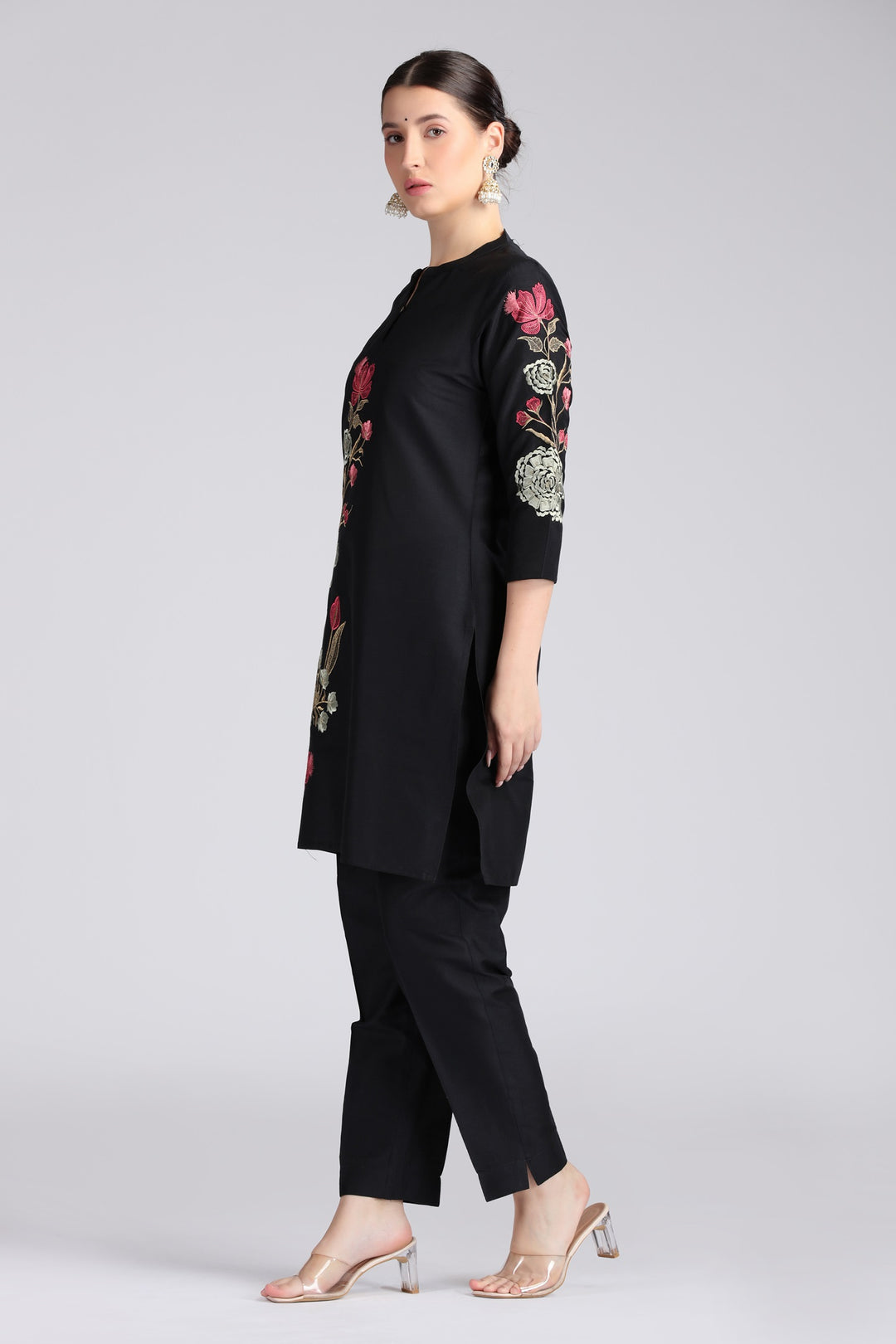 Black PolySilk Embroidered Straight Kurta Pant Co ord Set