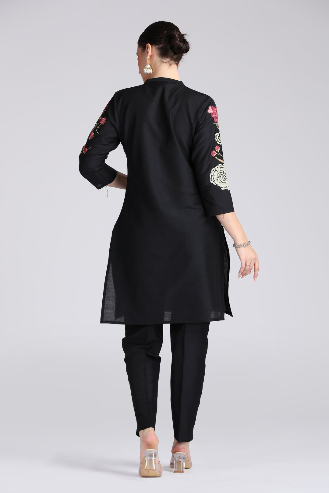 Black PolySilk Embroidered Straight Kurta Pant Co ord Set
