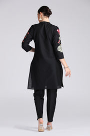 Black PolySilk Embroidered Straight Kurta Pant Co ord Set