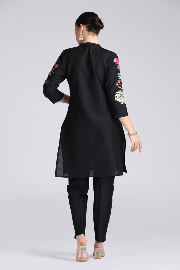 Black PolySilk Embroidered Straight Kurta Pant Co ord Set
