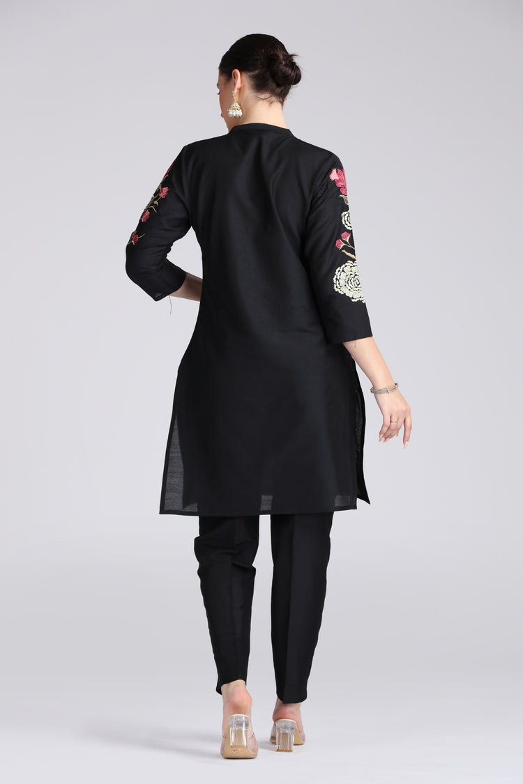 Black PolySilk Embroidered Straight Kurta Pant Co ord Set