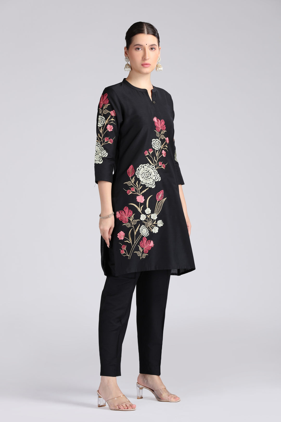 Black PolySilk Embroidered Straight Kurta Pant Co ord Set