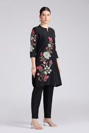 Black PolySilk Embroidered Straight Kurta Pant Co ord Set