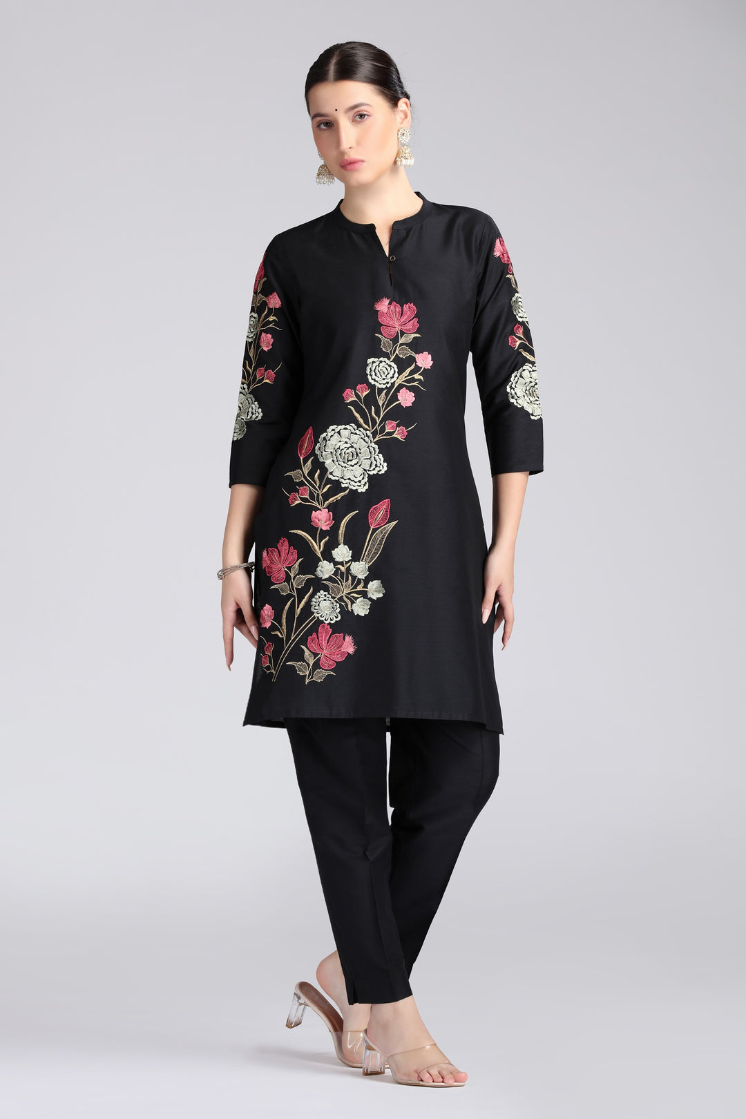 Black PolySilk Embroidered Straight Kurta Pant Co ord Set