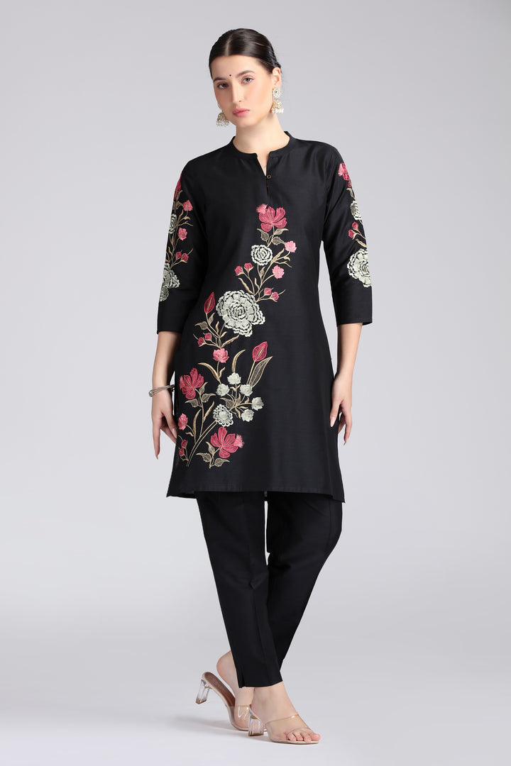 Black PolySilk Embroidered Straight Kurta Pant Co ord Set