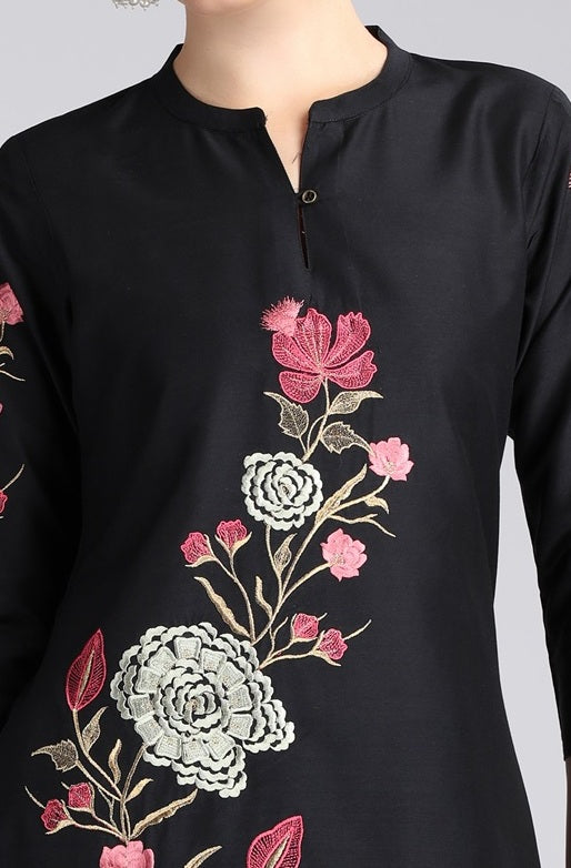 Black PolySilk Embroidered Straight Kurta Pant Co ord Set