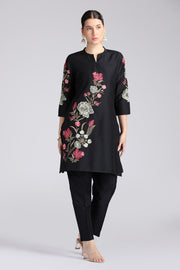 Black PolySilk Embroidered Straight Kurta Pant Co ord Set