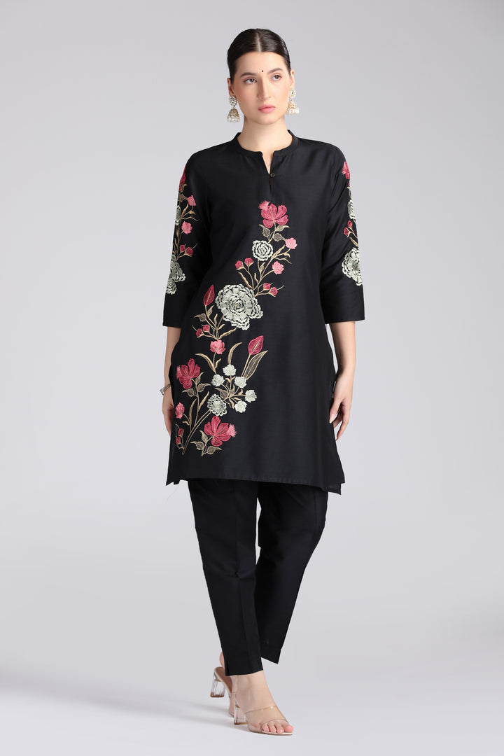 Black PolySilk Embroidered Straight Kurta Pant Co ord Set