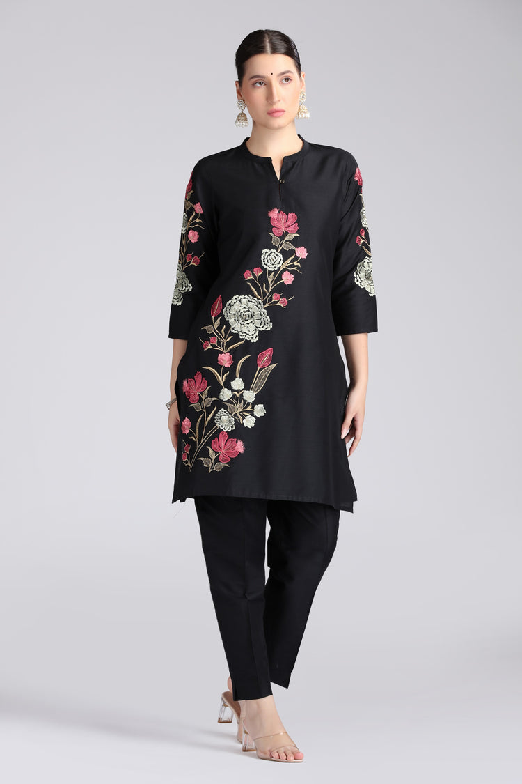 Black PolySilk Embroidered Straight Kurta Pant Co ord Set