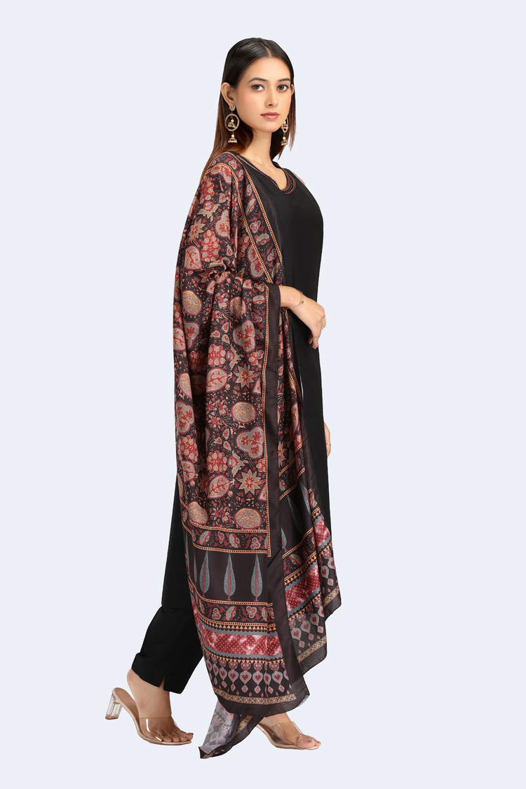 Black PolySilk Embroidered A Line Sleeveless Kurta Pant and Dupatta Suit Set for women