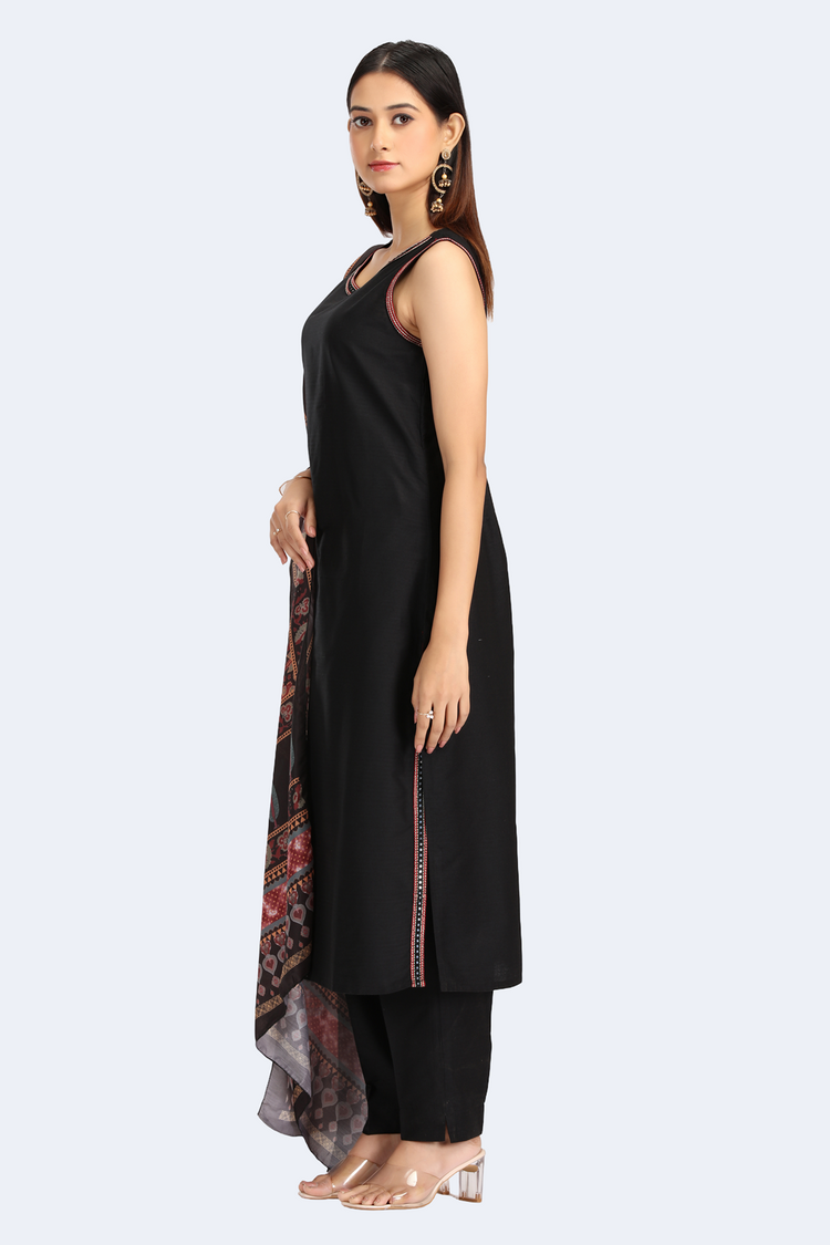 Black PolySilk Embroidered A Line Sleeveless Kurta Pant and Dupatta Suit Set for women