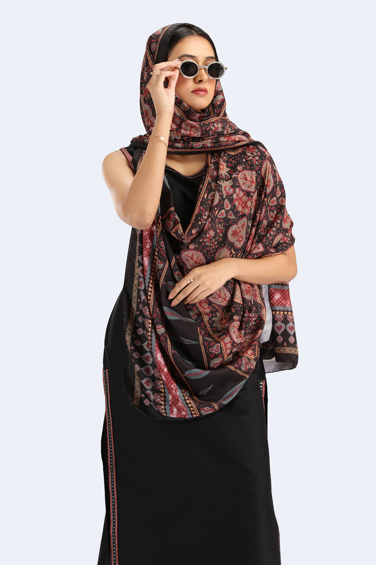 Black PolySilk Embroidered A Line Sleeveless Kurta Pant and Dupatta Suit Set for women