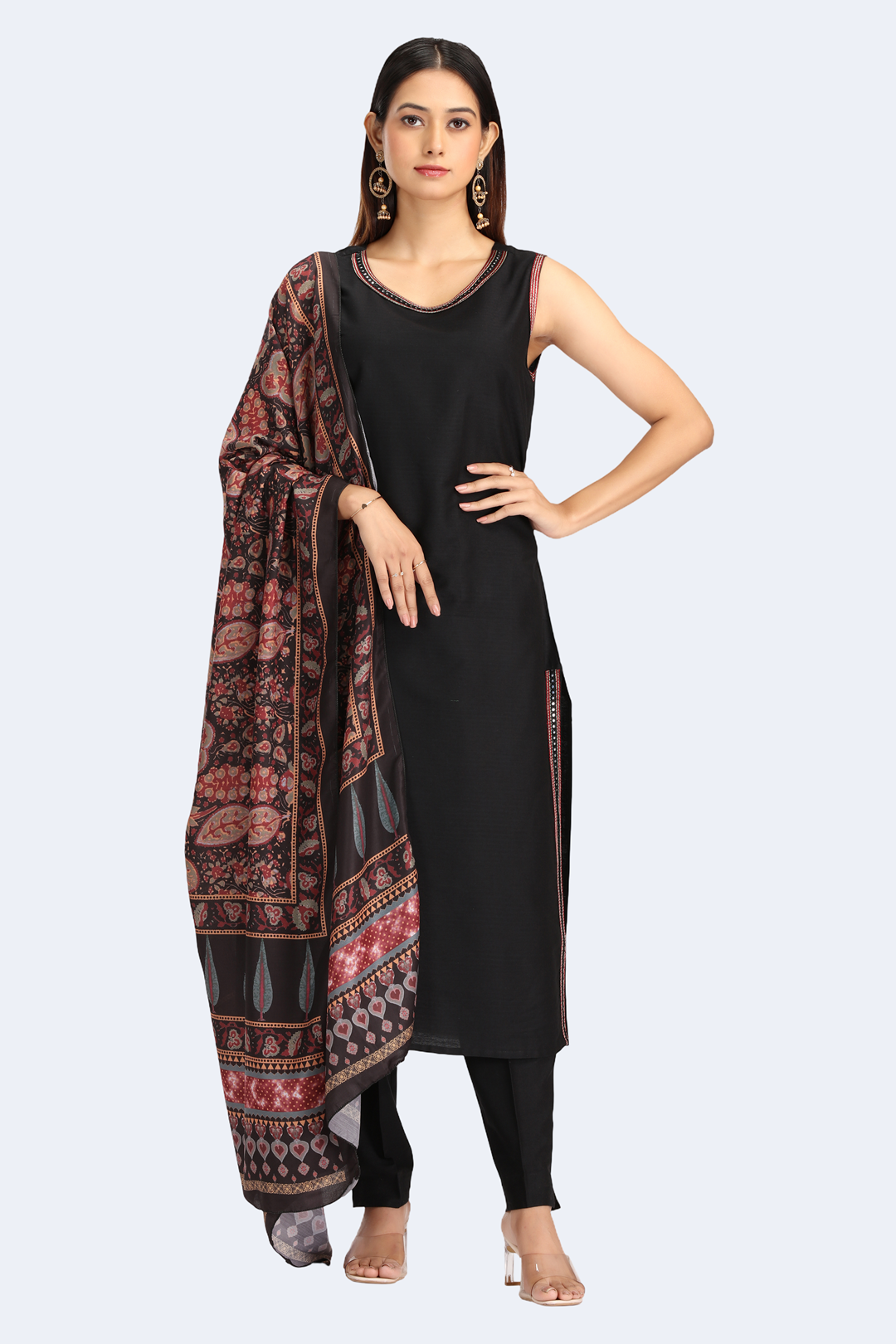 Black PolySilk Embroidered A Line Sleeveless Kurta Pant and Dupatta Suit Set for women