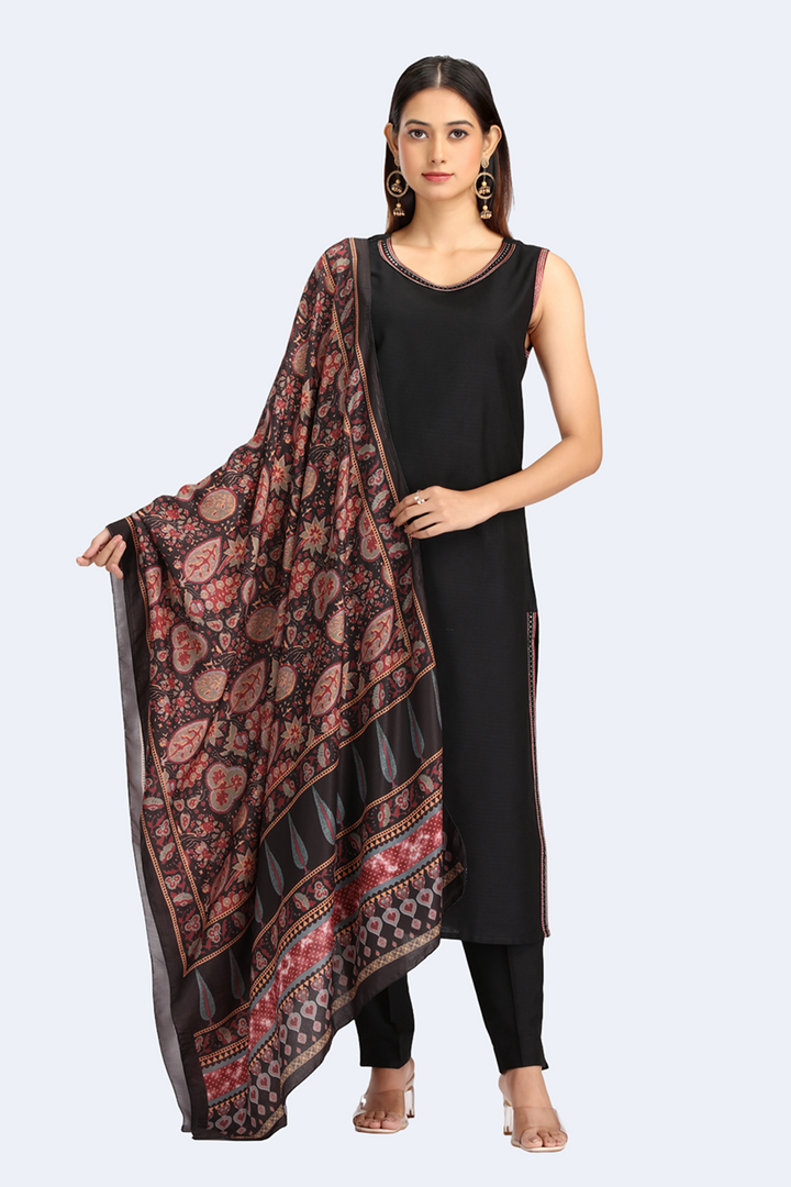 Black PolySilk Embroidered A Line Sleeveless Kurta Pant and Dupatta Suit Set for women