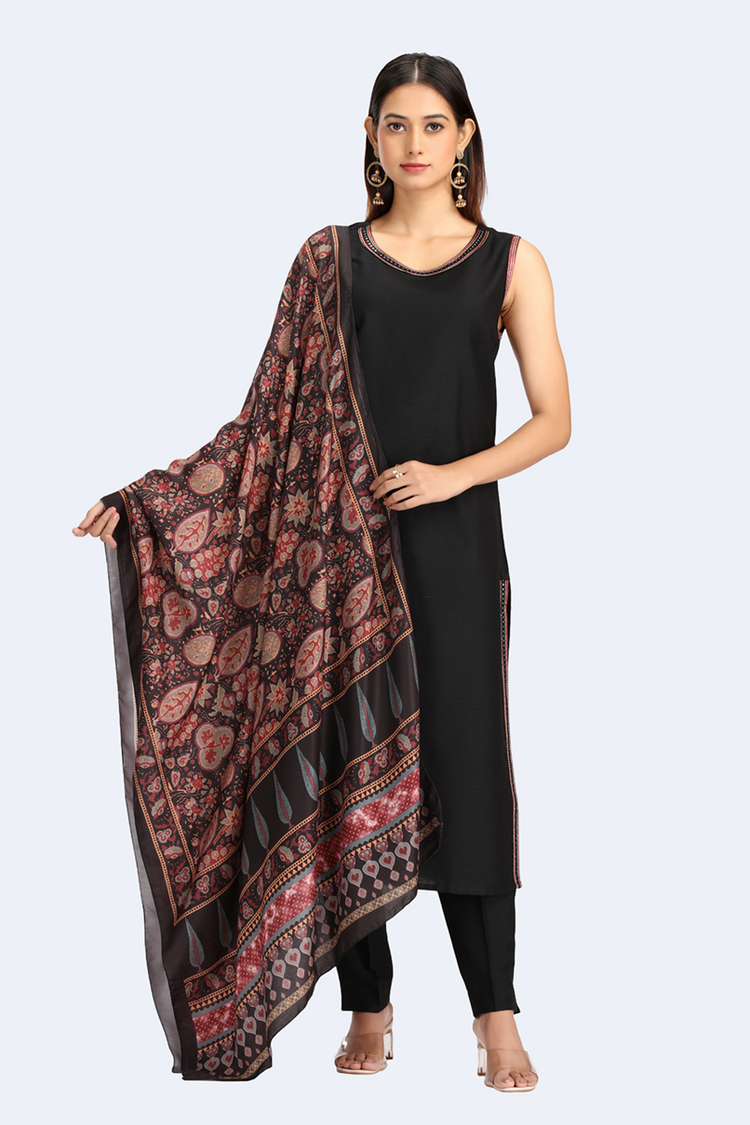 Black PolySilk Embroidered A Line Sleeveless Kurta Pant and Dupatta Suit Set for women