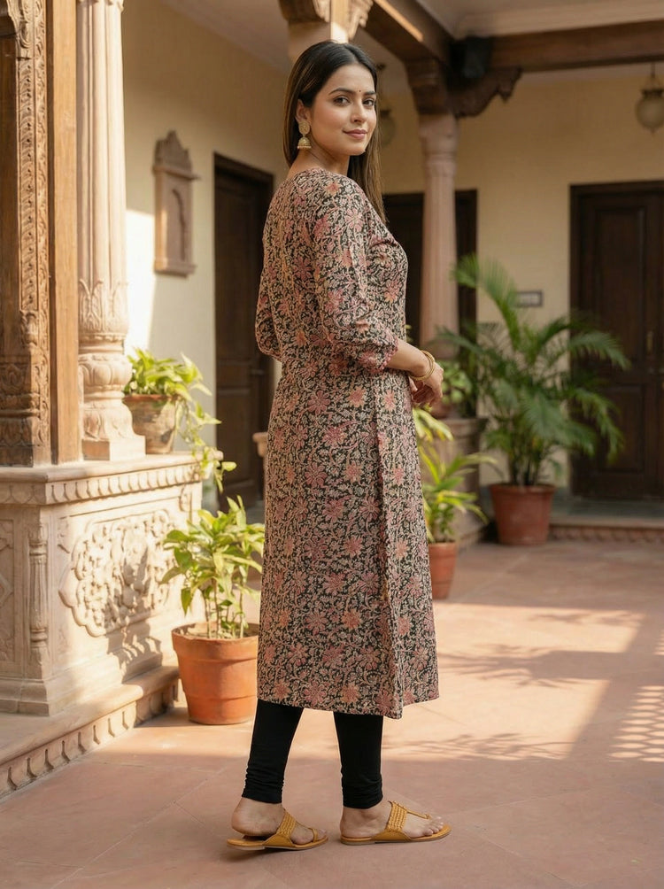 Black Printed Cotton Straight Kurta