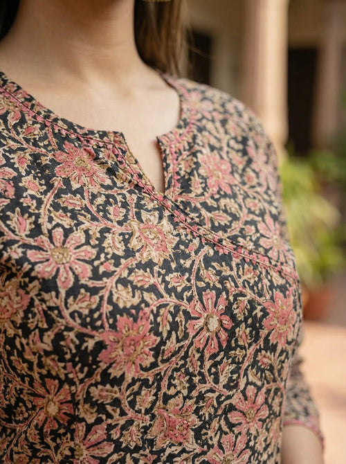Black Printed Cotton Straight Kurta