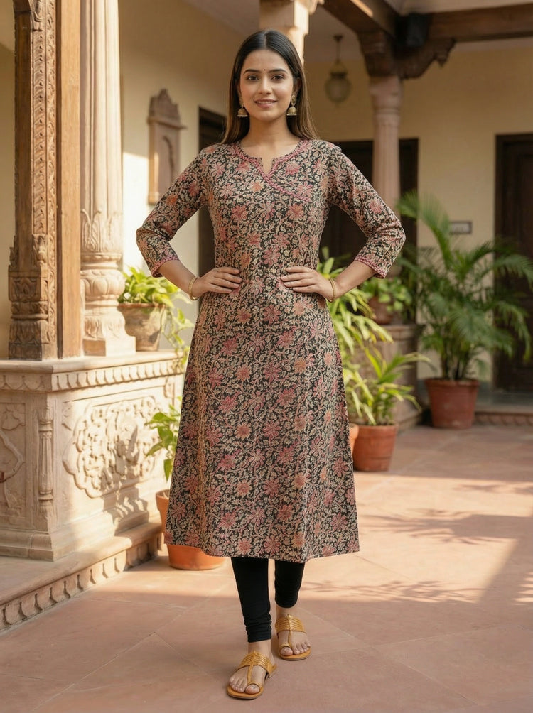 Black Printed Cotton Straight Kurta