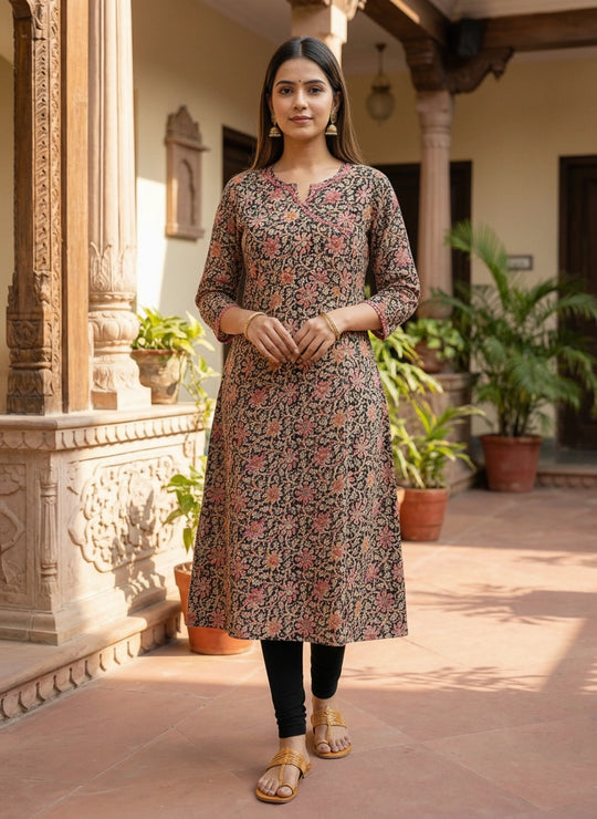 Black Printed Cotton Straight Kurta