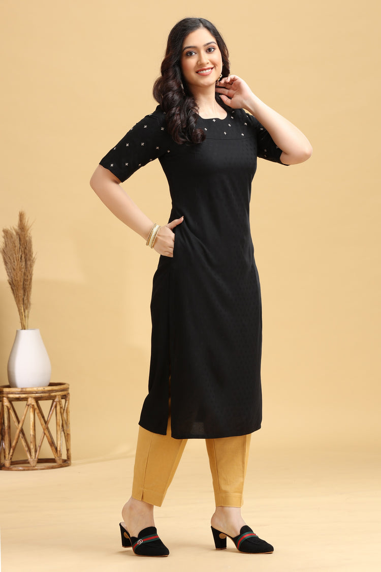 Black Rayon Embroidered Straight Kurta