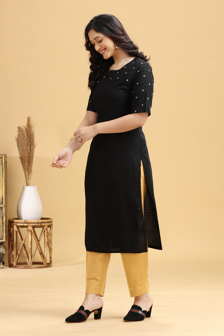 Black Rayon Embroidered Straight Kurta