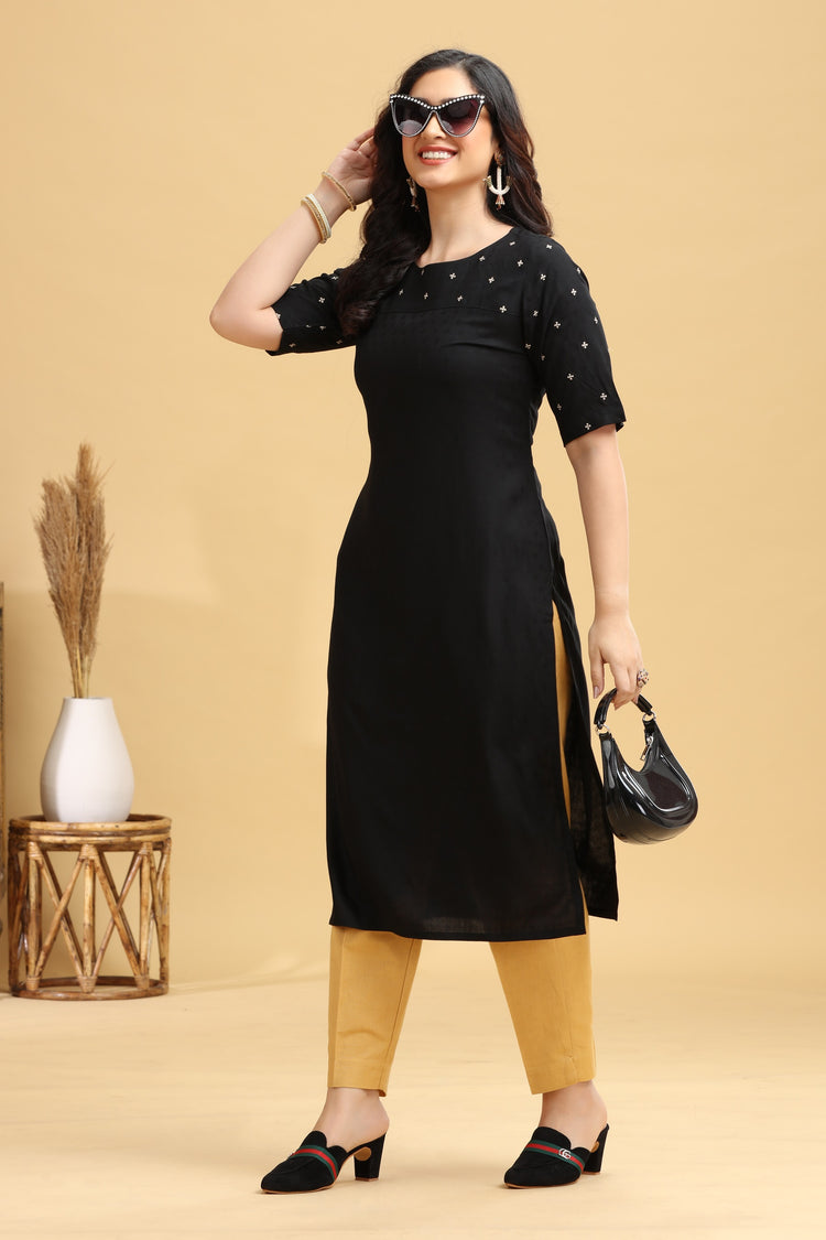 Black Rayon Embroidered Straight Kurta