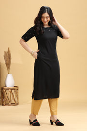Black Rayon Embroidered Straight Kurta