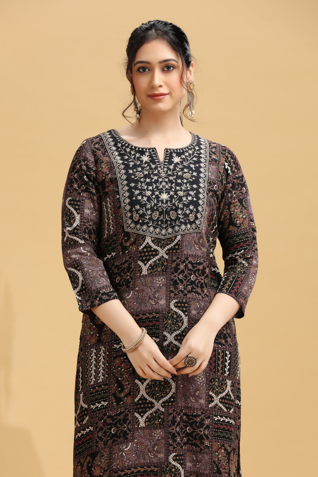 Black Rayon Floral Embroidered Straight Kurta