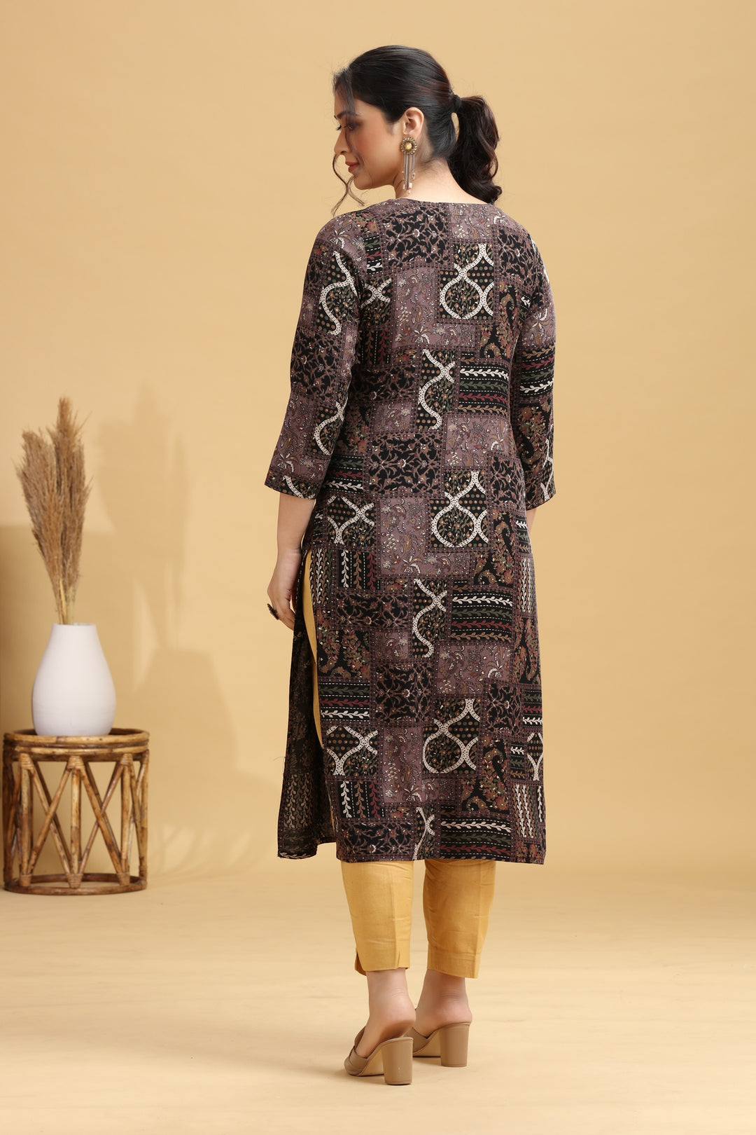 Black Rayon Floral Embroidered Straight Kurta