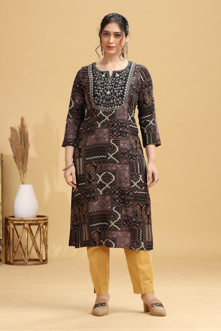 Black Rayon Floral Embroidered Straight Kurta