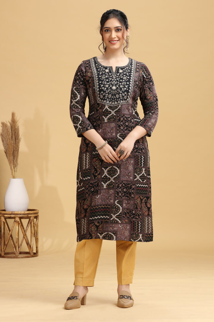 Black Rayon Floral Embroidered Straight Kurta
