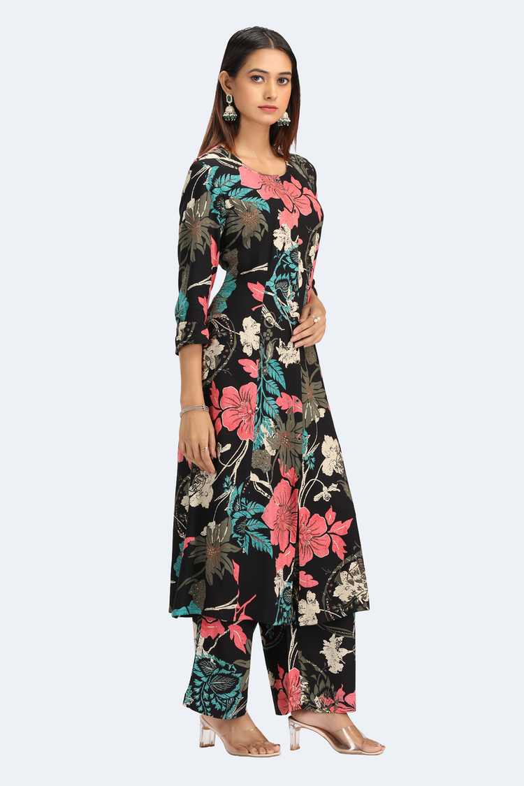 Black Rayon Printed Straight Kurta Pant Co ord Set