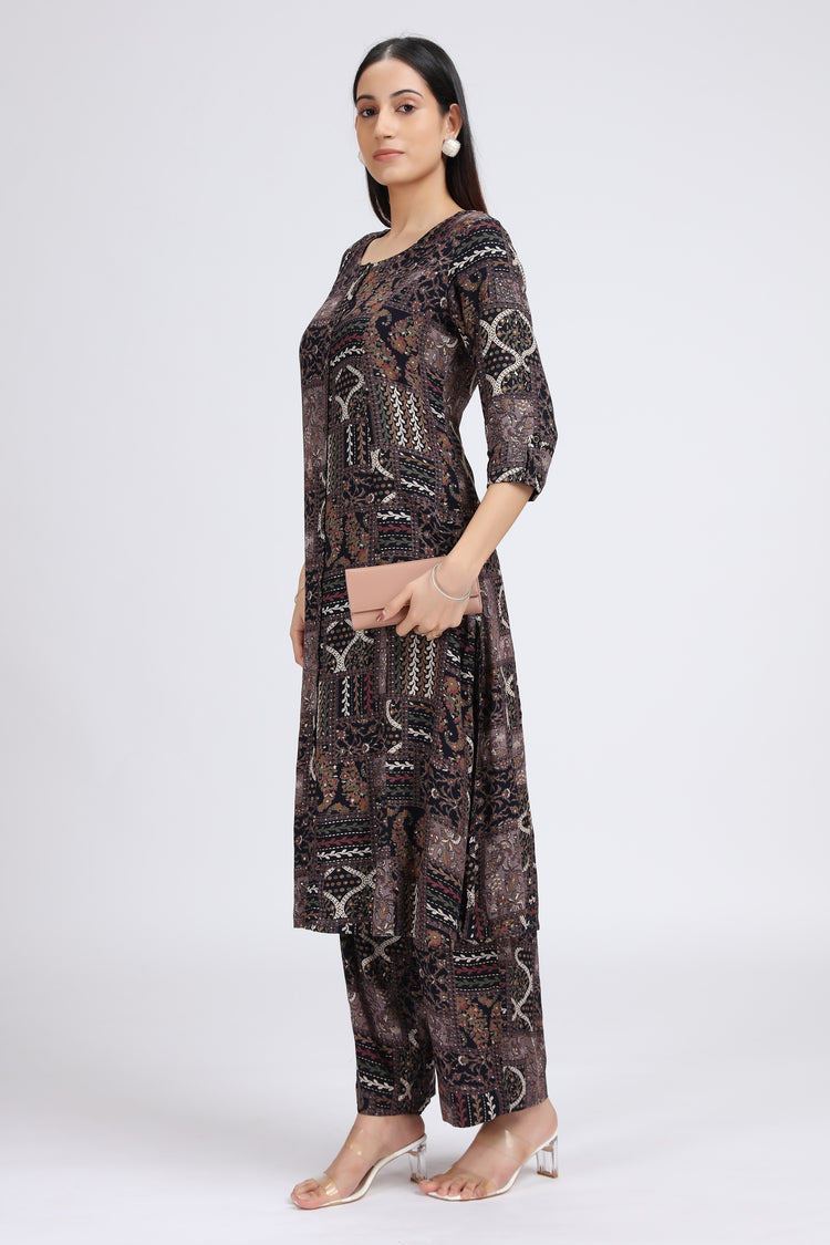 Black Rayon Printed Straight Kurta Pant Co ord Set