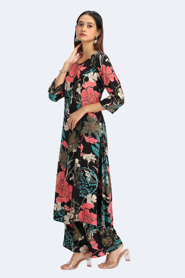 Black Rayon Printed Straight Kurta Pant Co ord Set