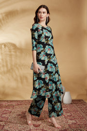 Black Rayon Printed Straight Kurta Pant Co ord Set