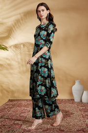 Black Rayon Printed Straight Kurta Pant Co ord Set