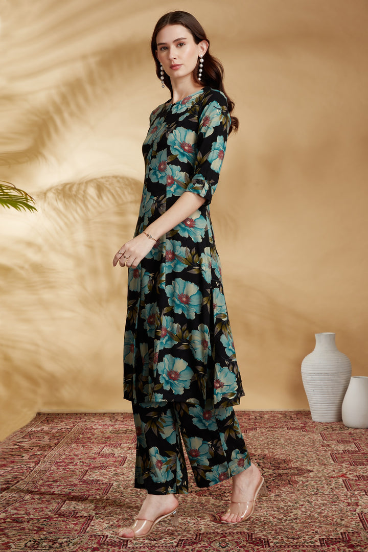 Black Rayon Printed Straight Kurta Pant Co ord Set