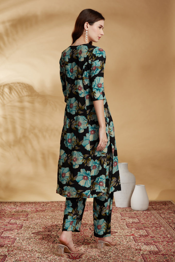 Black Rayon Printed Straight Kurta Pant Co ord Set