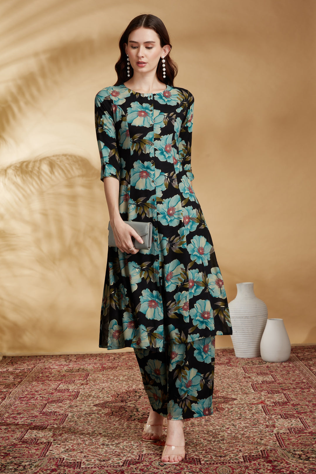 Black Rayon Printed Straight Kurta Pant Co ord Set
