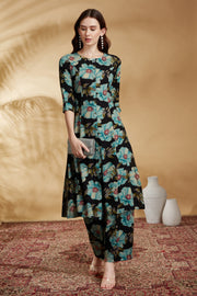 Black Rayon Printed Straight Kurta Pant Co ord Set