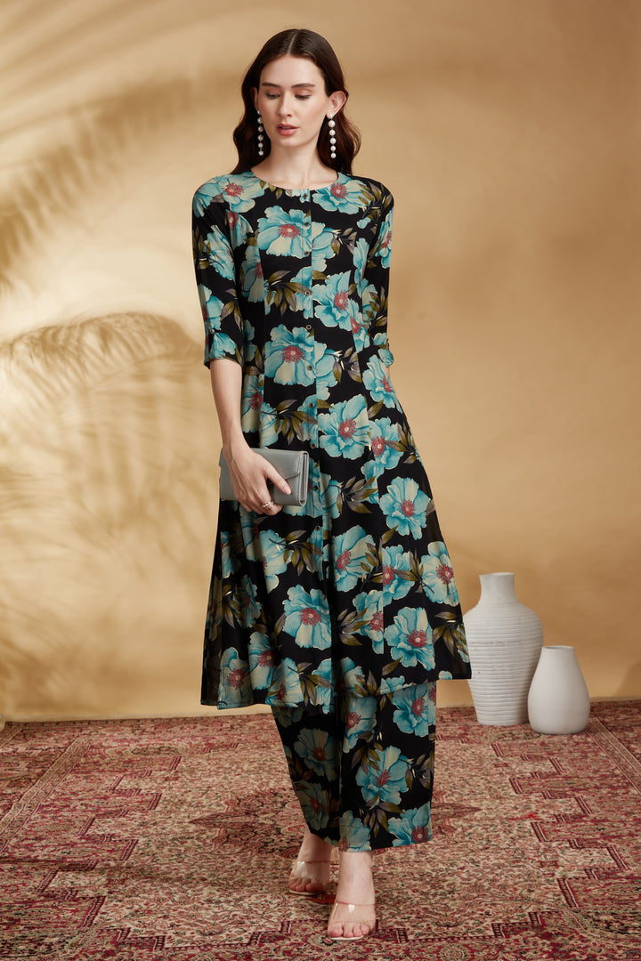 Black Rayon Printed Straight Kurta Pant Co ord Set